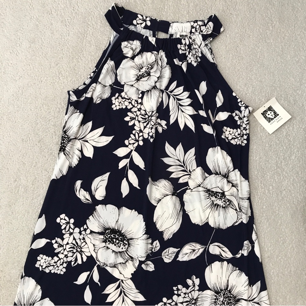 Anne Klein Floral Maxi Dress Navy Blue White Stretchy Size 10 - Picture 6 of 12
